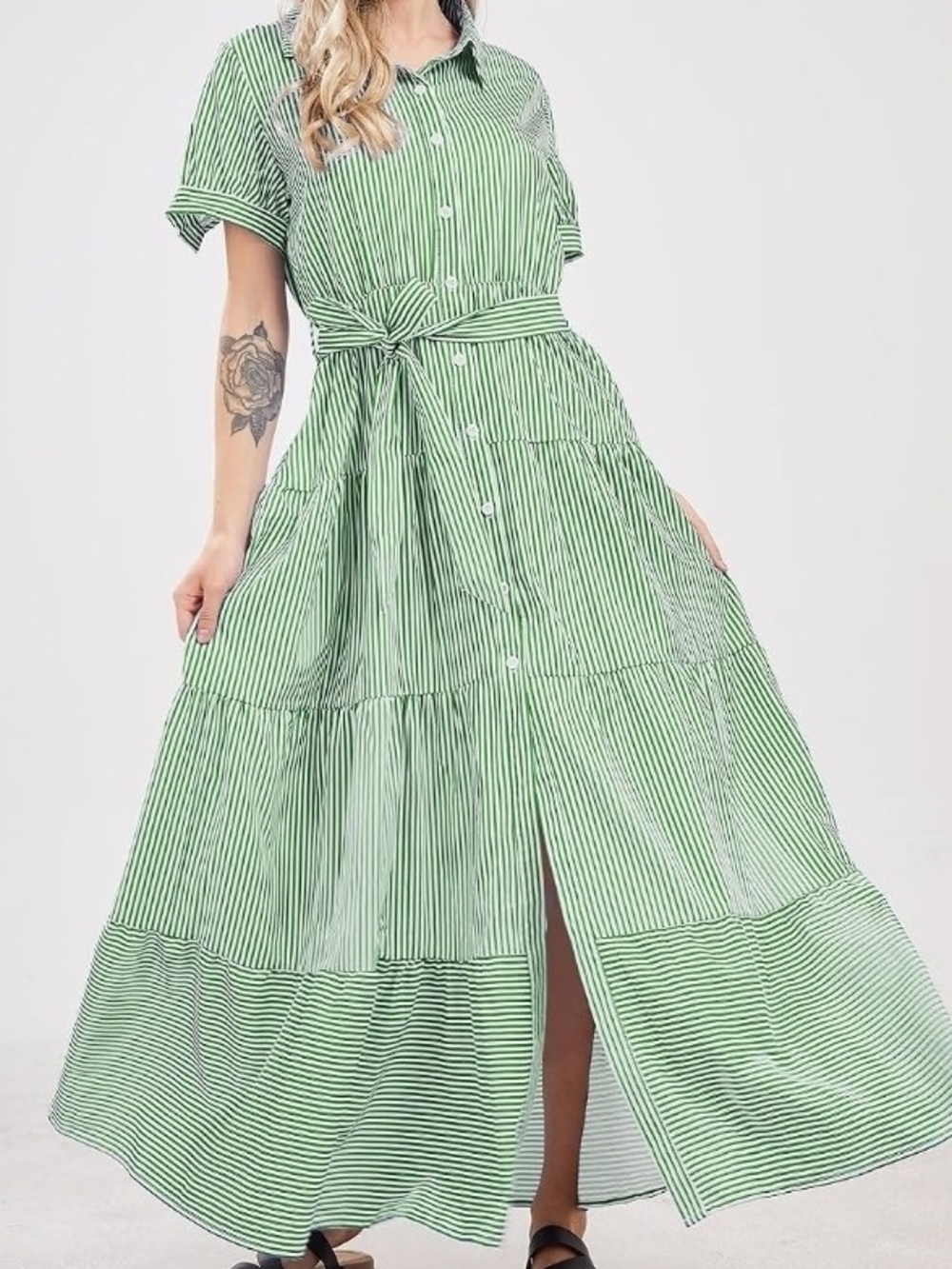 Striped Green Button-Up Maxi Dress with Tie Waist 100% Cotton
